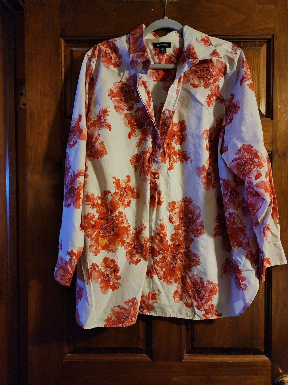 Lands' End White 3/4 Button-Down Tunic Shirt with Floral Print